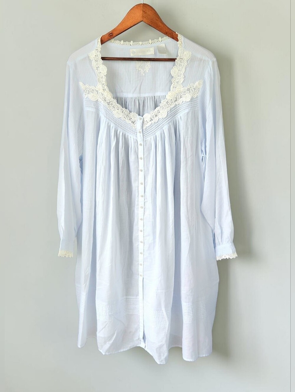 Eileen West Cotton Dobby Stripe Nightgown Lace Trim Light Blue XL Long Sleeve